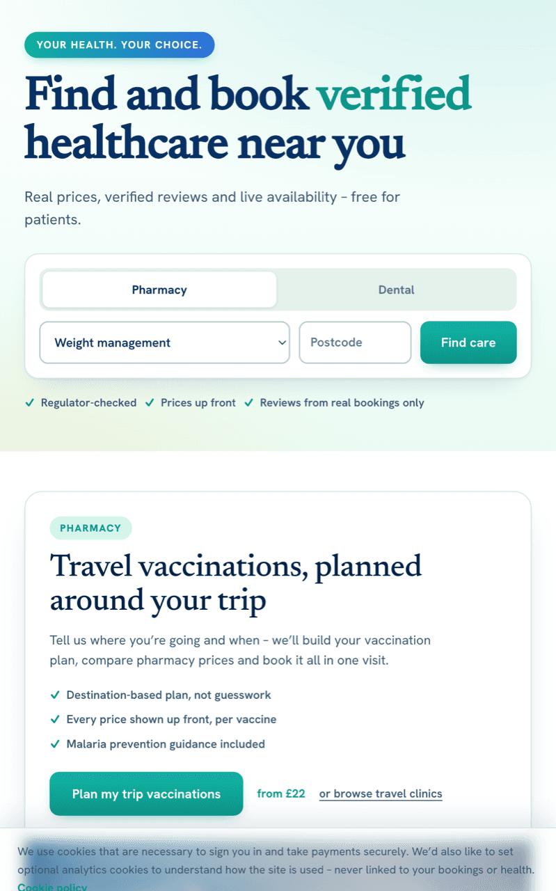 The Ruu Choice homepage: Find and book verified healthcare near you, with a Pharmacy or Dental choice, a service list, a postcode box and a Find care button
